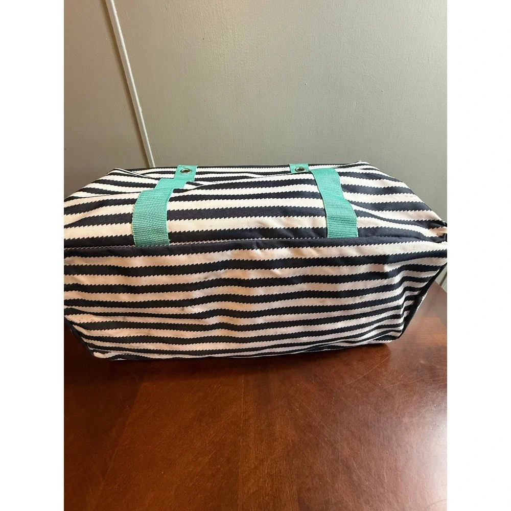 Thirty-One Large Utility Tote Navy White Nautical Stripe Teal Pink Monogram L